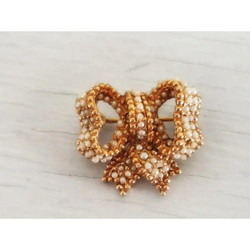 Vintage Signed Ciner Gold Tone Faux Seed Pearl Mini Bow Brooch Pin